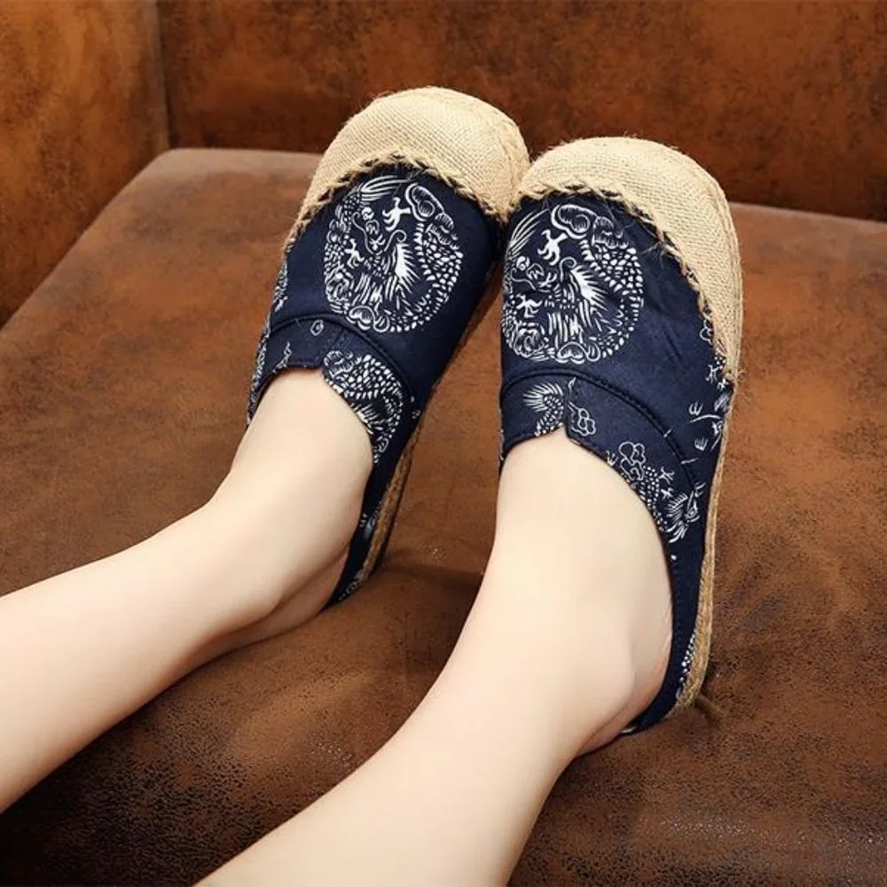 Old Beijing Navy Boho Print Canvas Espadrilles EUC sz 6